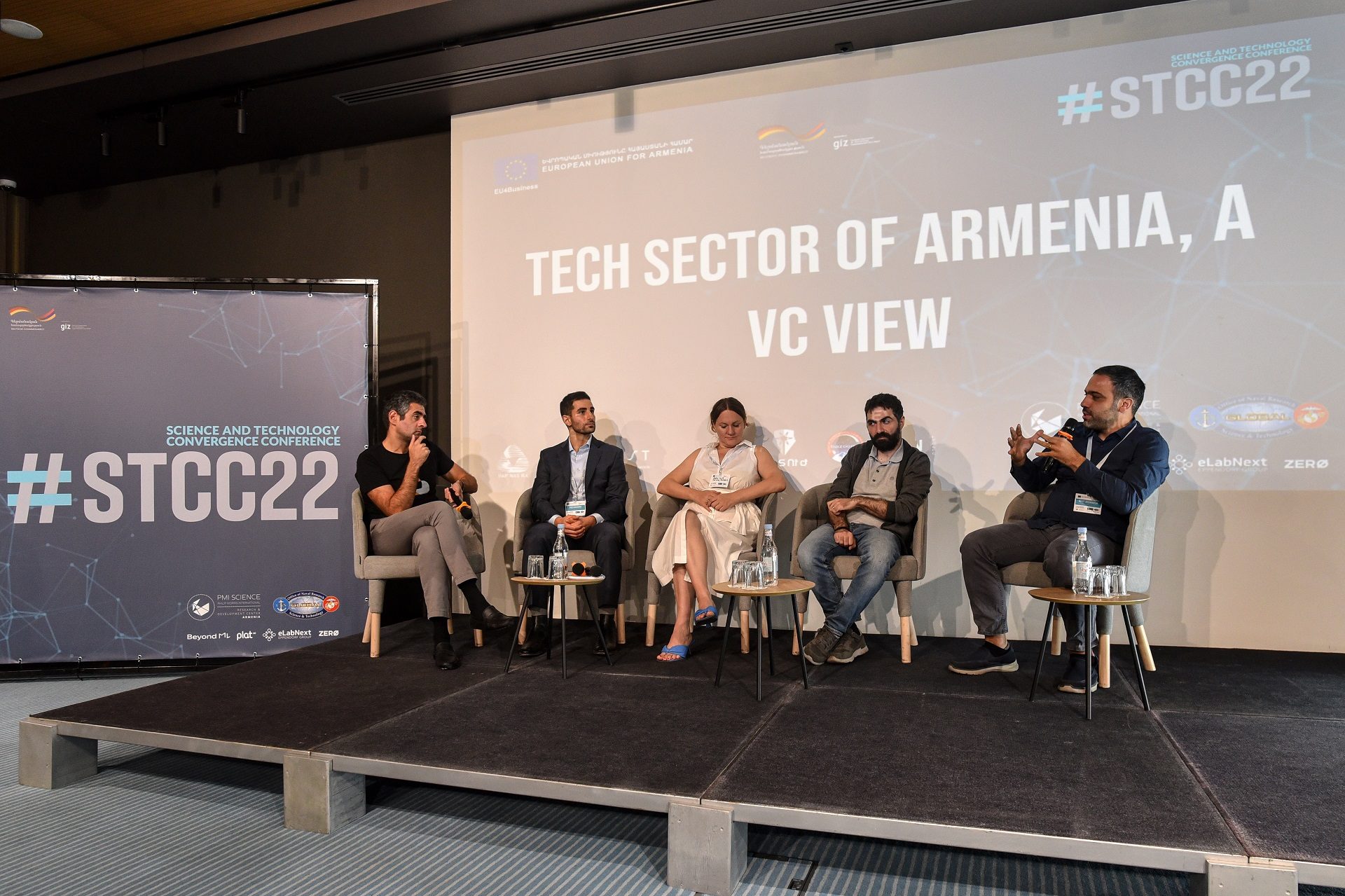 A panel at STCC 2022 under a banner reading Tech sector of Armenia, a VC view